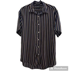 Zara Men’s Medium Short Sleeve Striped Blue and white Dress Shirt Button Down